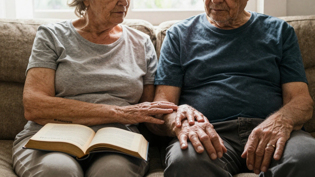 An elderly couple on a sofa, one resting a hand on the other&#039;s arm, a book open between them in morning light.