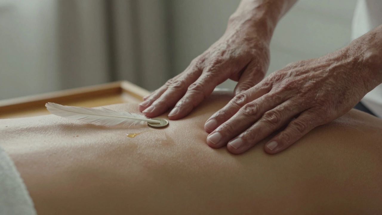 Close-up of hands gliding softly across a lower back, skin glowing in warm light, no oil, only tender touch.